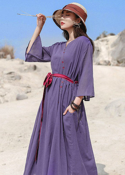 Loose Purple Cinched Button Cotton Dresses Three Quarter Sleeve