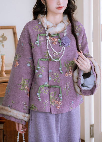 Loose Purple Fur Collar Chinese Button Patchwork Warm Fleece Parka Winter