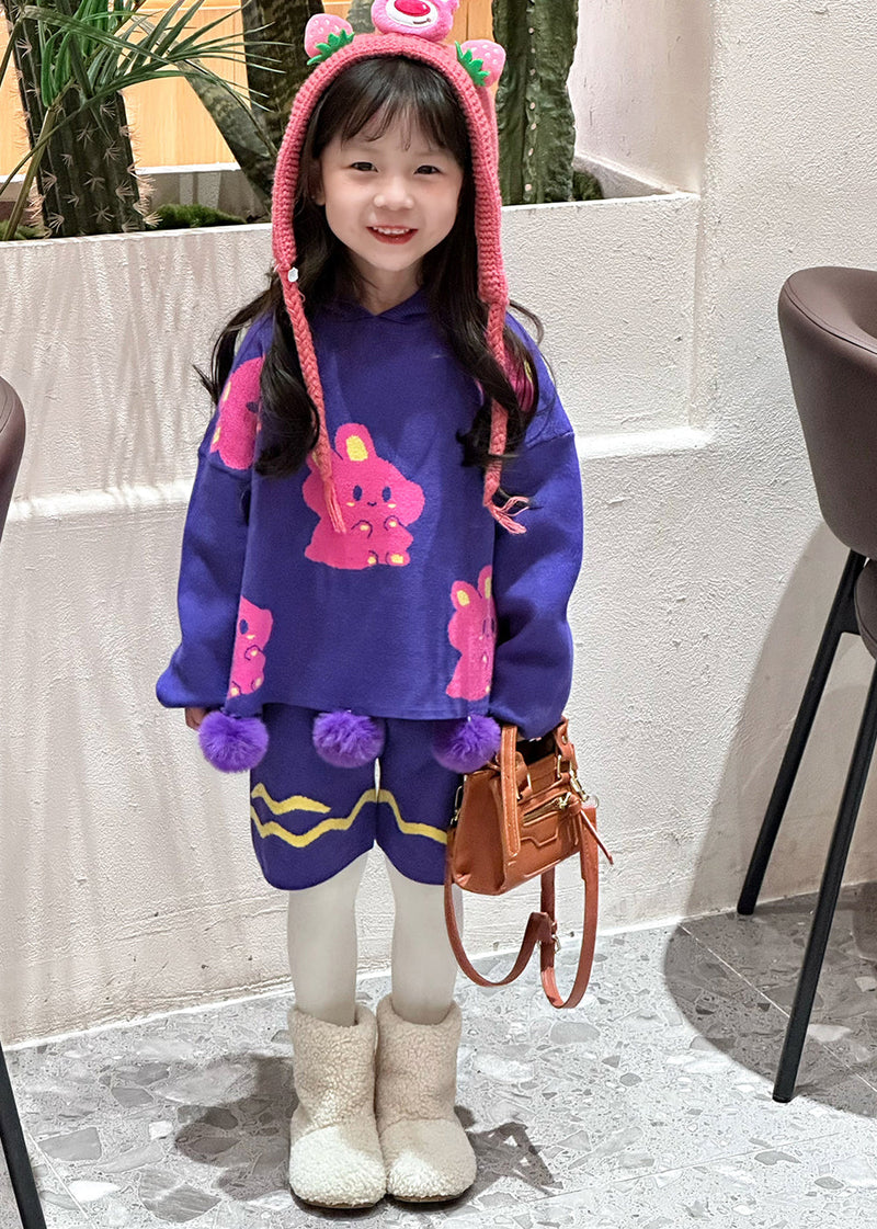 Loose Purple Fuzzy Ball Decorated Cotton Knit Kids Hooded Sweaters and Shorts Two Pieces Set Spring