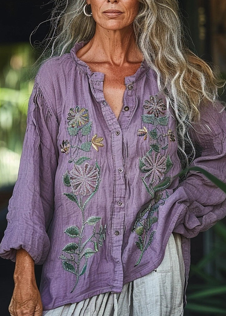 Loose Purple O-Neck Print Button Shirt Spring