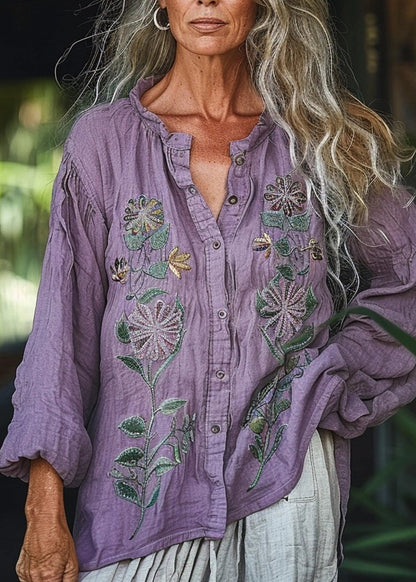 Loose Purple O-Neck Print Button Shirt Spring