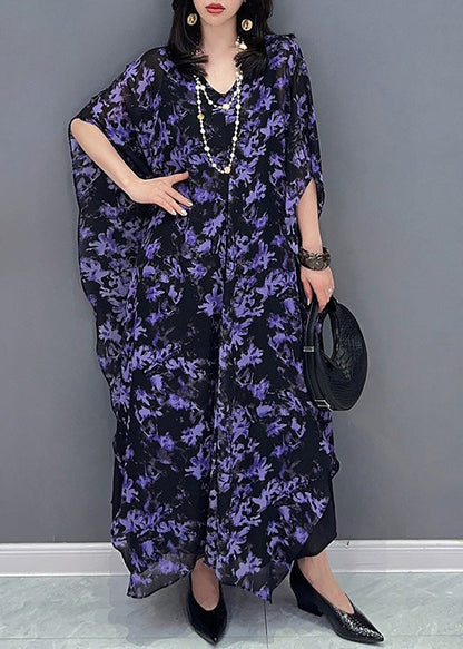 Loose Purple O-neck Print Maxi Dress Summer