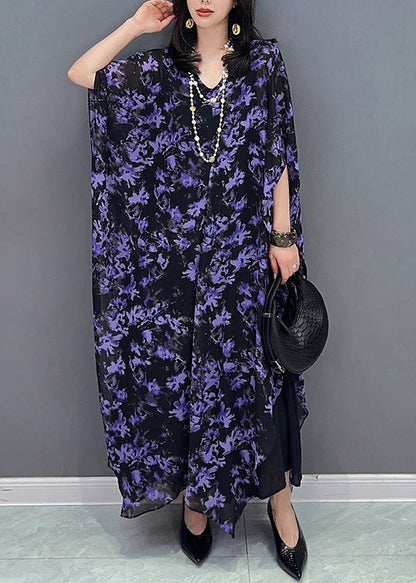 Loose Purple O-neck Print Maxi Dress Summer