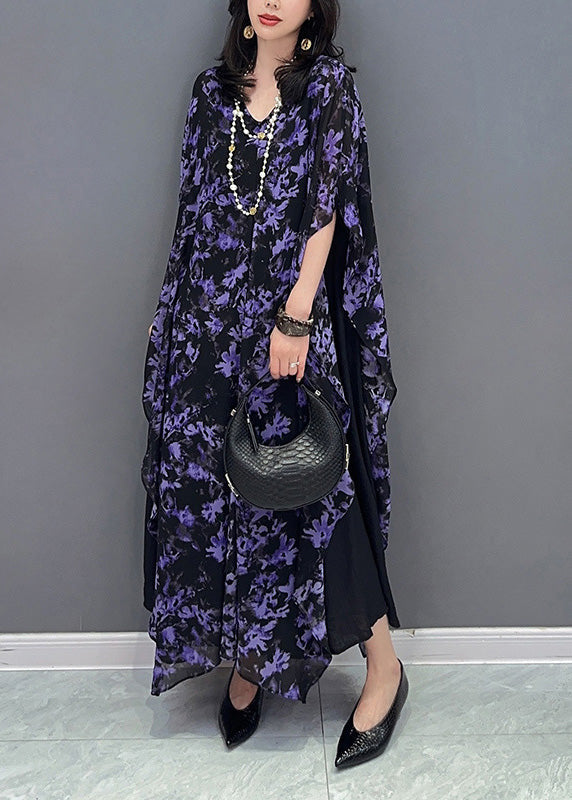 Loose Purple O-neck Print Maxi Dress Summer