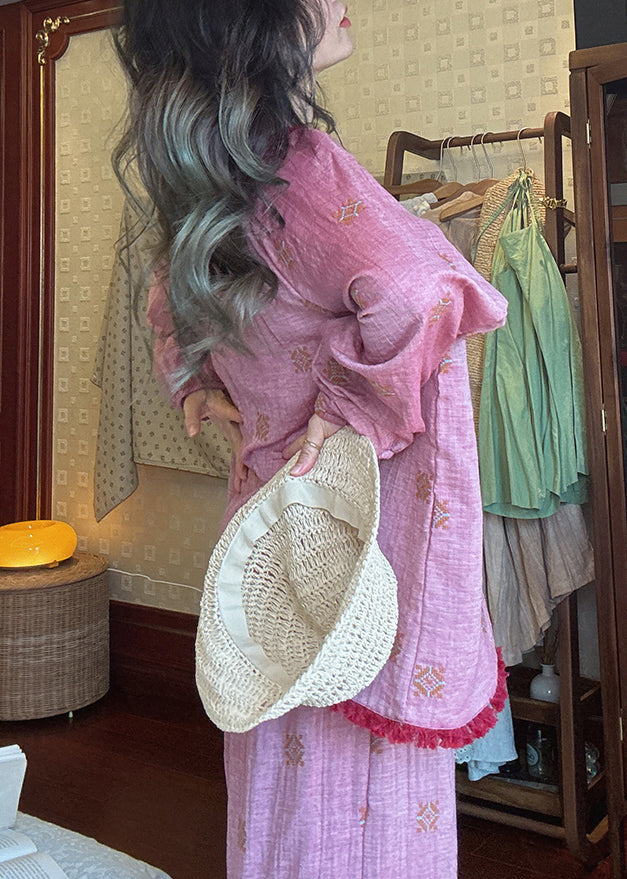 Loose Purple O Neck Print T Shirt and Pants Cotton Pajamas Two Piece Set Fall