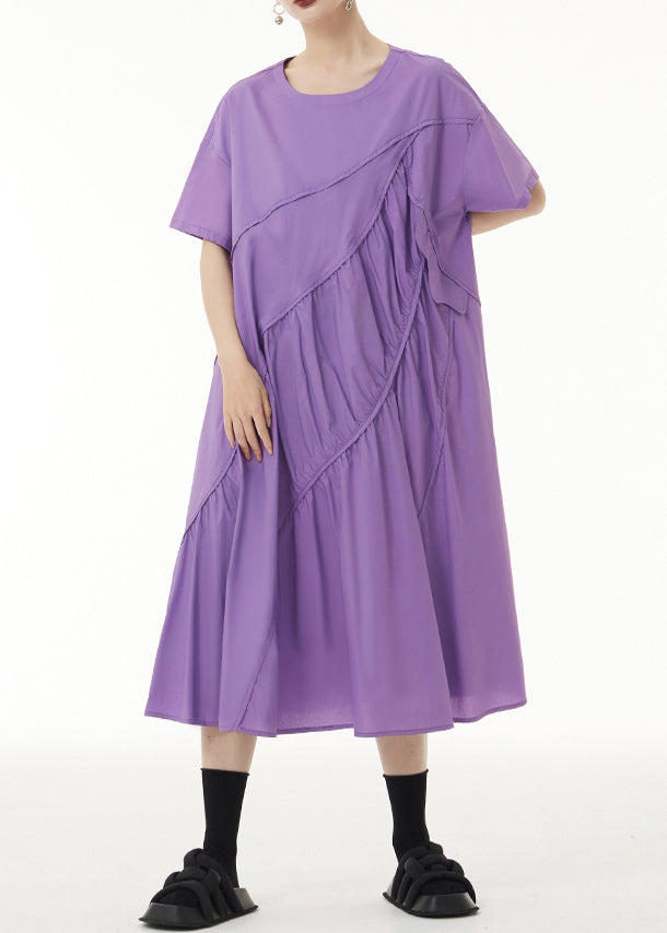 Loose Purple O-neck Wrinkled Patchwork Cotton Long Dress Short Sleeve