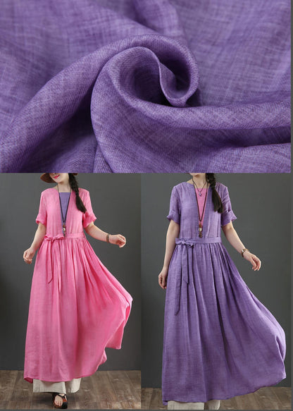Loose Purple Patchwork Bow Summer Linen Dress