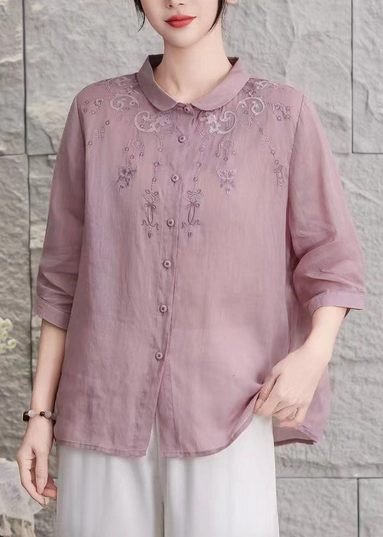 Loose Purple Peter Pan Collar Embroidered Linen Top Summer
