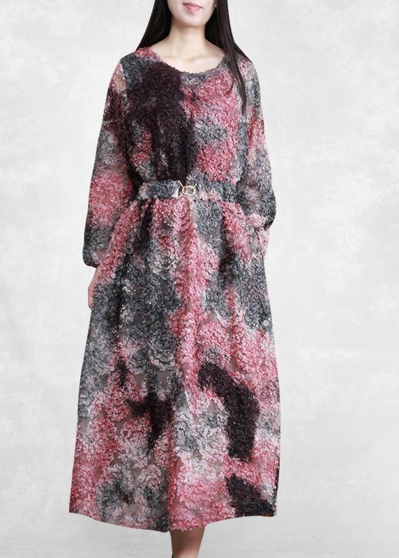 Loose Purple Print Clothes O Neck Tie Waist Art Spring Dress