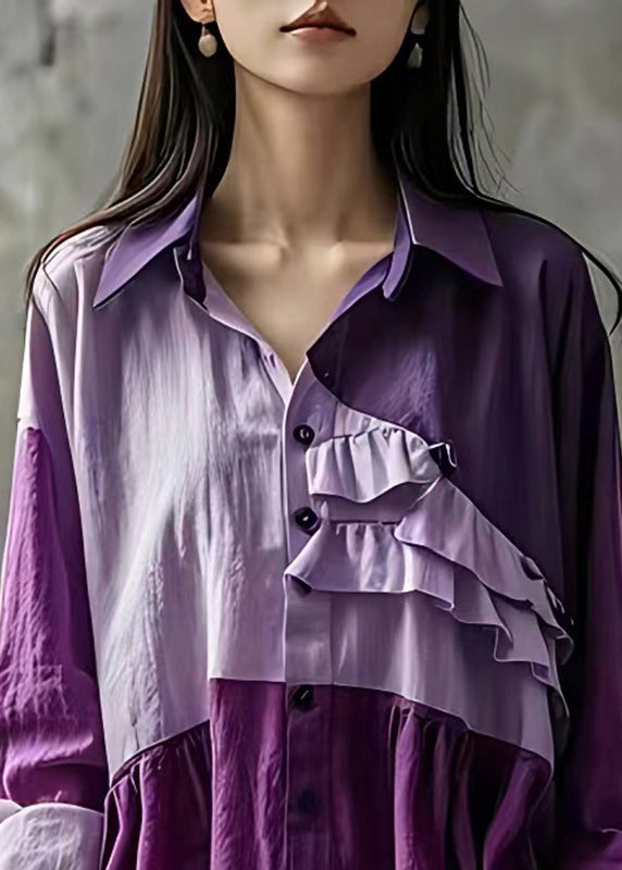 Loose Purple Ruffled Patchwork Button Shirt Long Sleeve