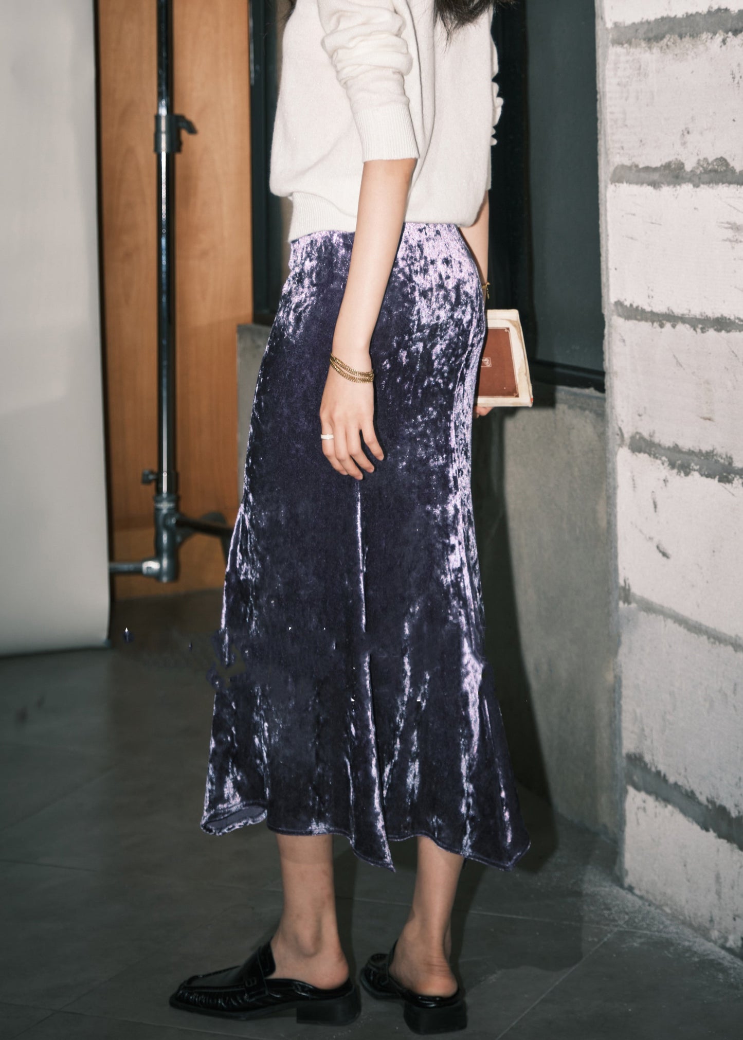 Loose Yellow High Waist Silk Velvet Skirts Spring