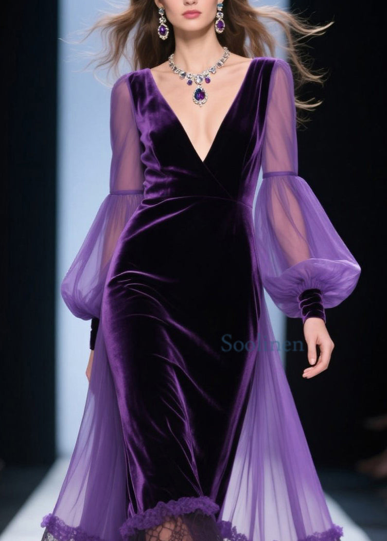 Loose Purple V Neck Lace Patchwork Velvet Dress Spring