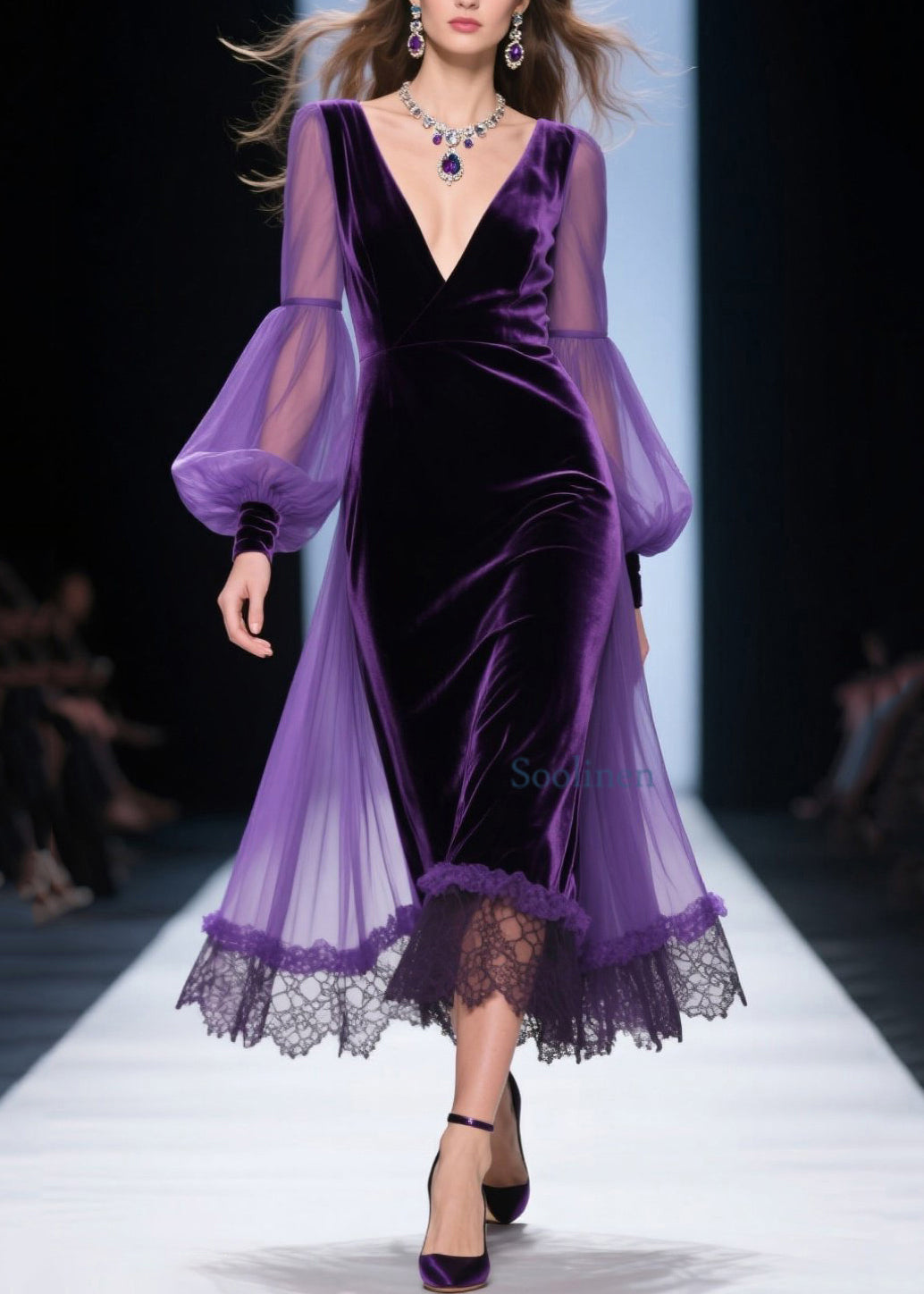 Loose Purple V Neck Lace Patchwork Velvet Dress Spring