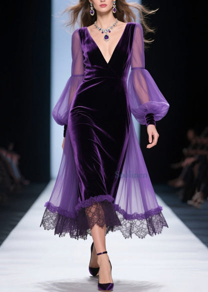 Loose Purple V Neck Lace Patchwork Velvet Dress Spring
