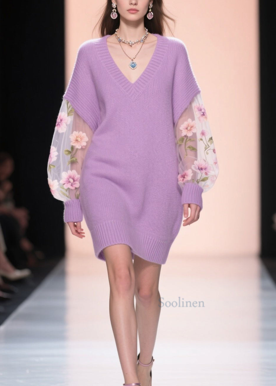 Loose Purple V Neck Tulle Patchwork Knit Mid Dress Fall