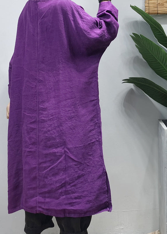 Loose Purple V Neck Side Open Embroideried Pocket Linen Dresses Long Sleeve