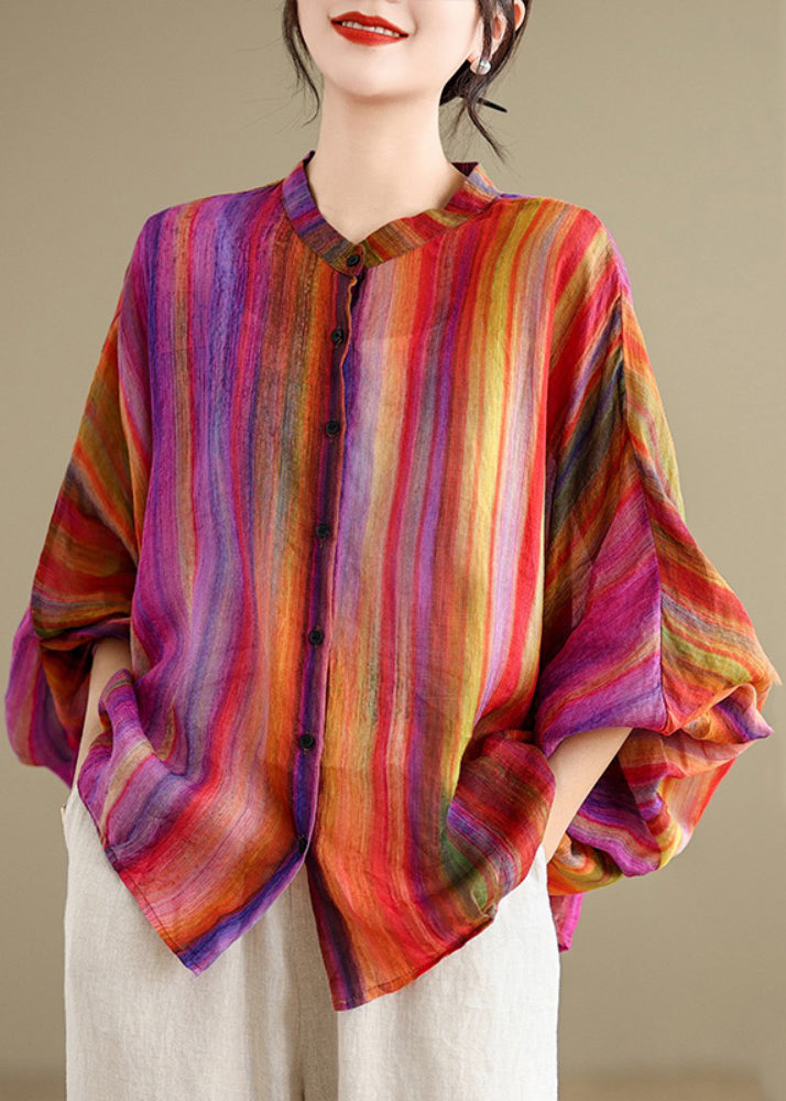 Loose Red Flower Button Linen Blouses Batwing Sleeve