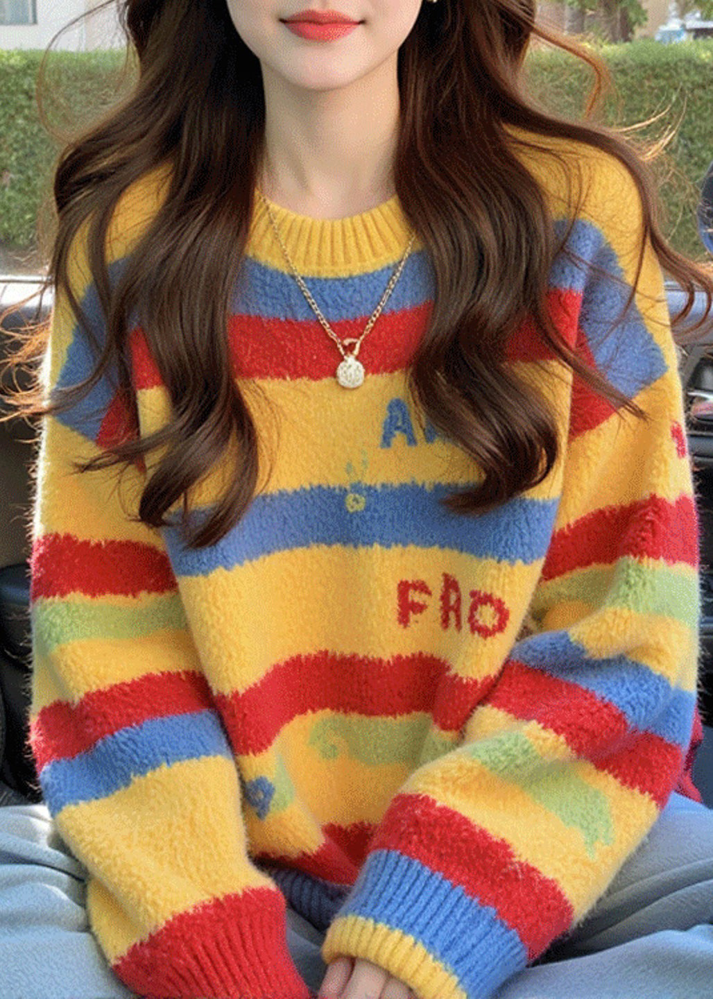 Loose Rainbow Striped Thick Cotton Knit Sweater Spring