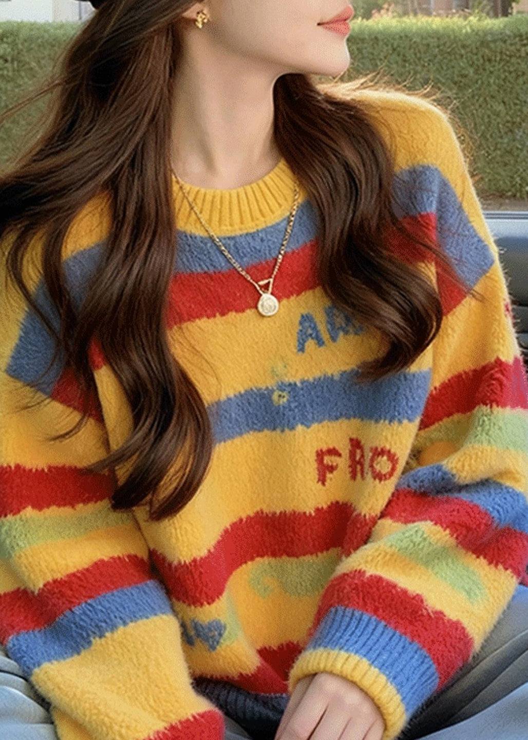 Loose Rainbow Striped Thick Cotton Knit Sweater Spring