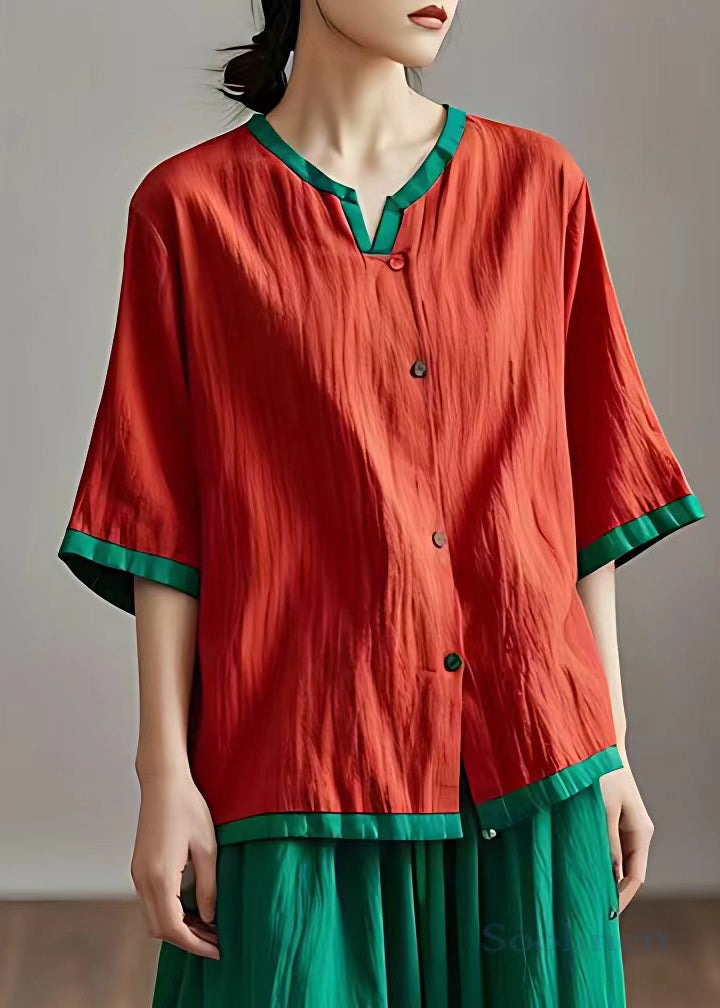 Loose Red Button Cotton Blouses Half Sleeve