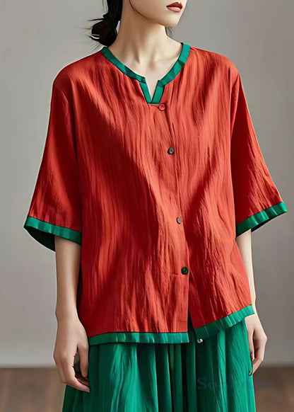 Loose Red Button Cotton Blouses Half Sleeve