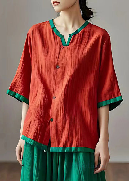 Loose Red Button Cotton Blouses Half Sleeve