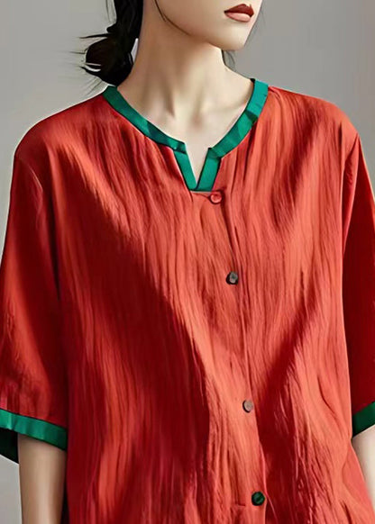 Loose Red Button Cotton Blouses Half Sleeve