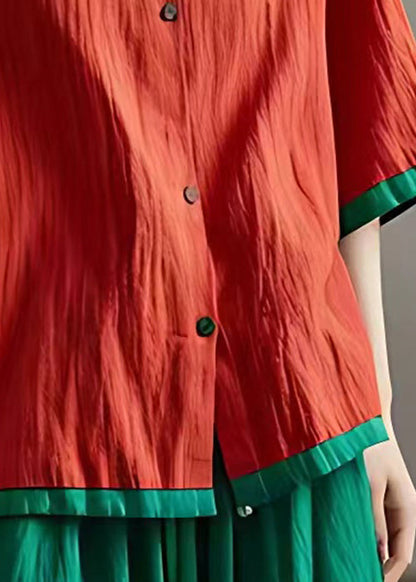 Loose Red Button Cotton Blouses Half Sleeve