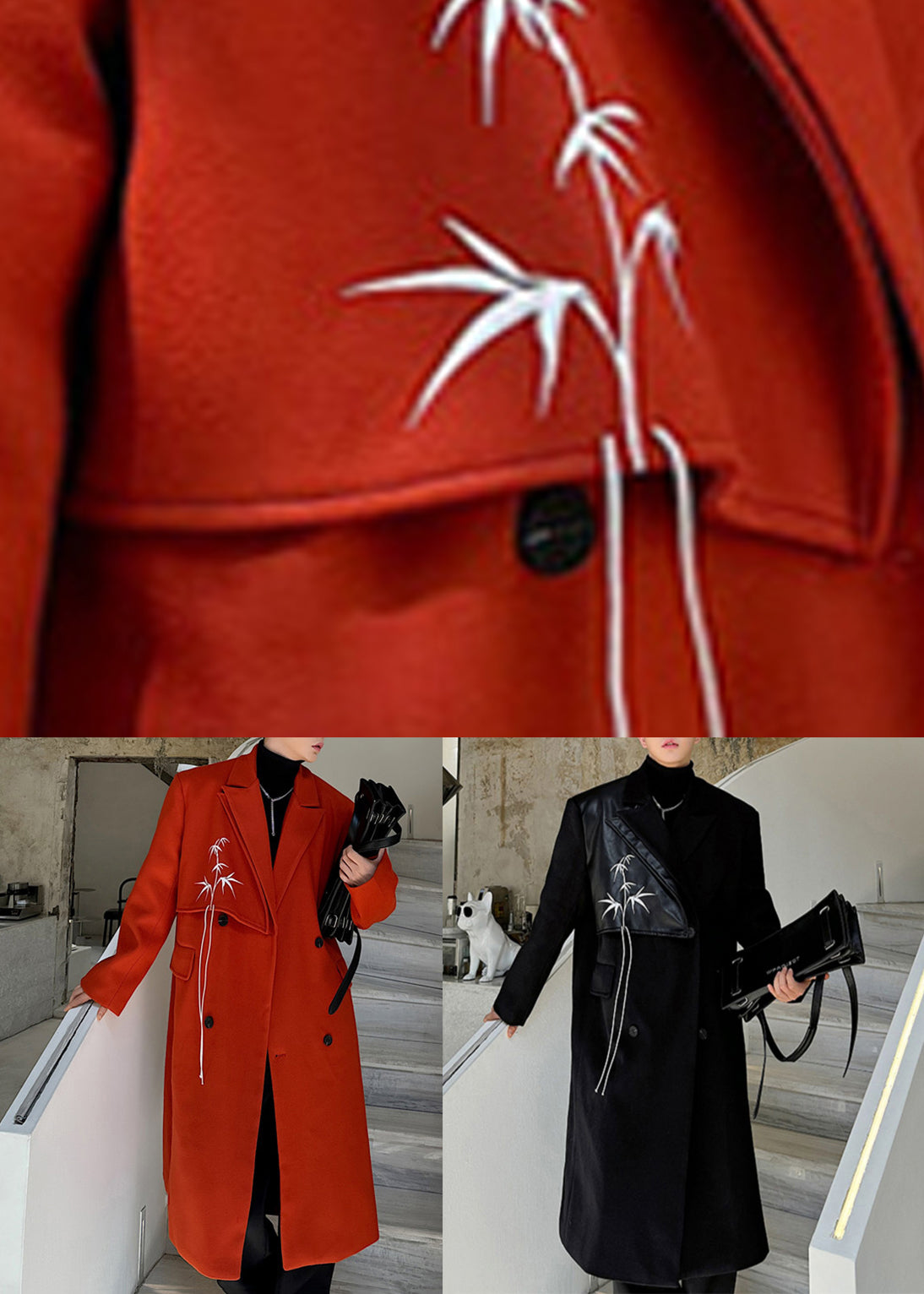 Loose Red Embroideried Button Woolen Coat Winter