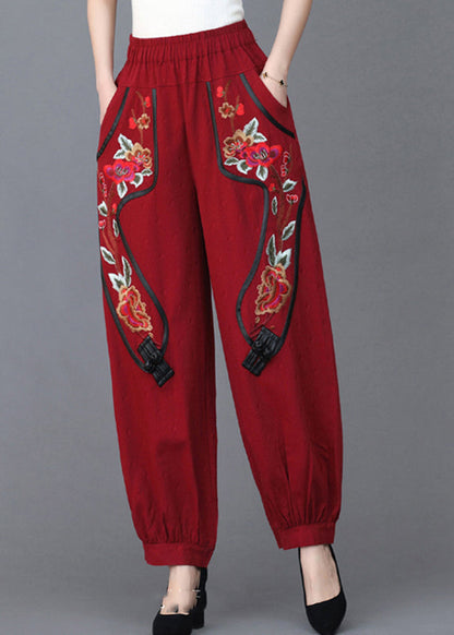 Loose Red Embroideried Pockets Linen Lantern Pants Fall