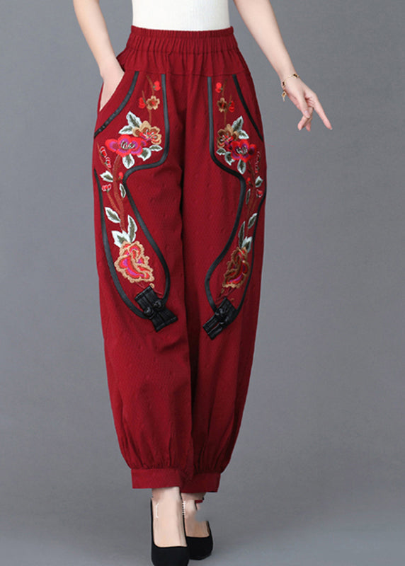 Loose Red Embroideried Pockets Linen Lantern Pants Fall