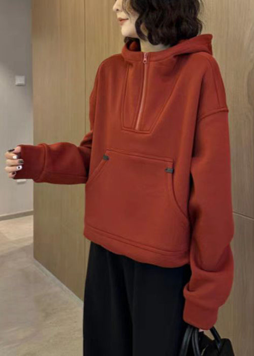 Loose Red Hooded Zippered Pockets Cotton Sweatshirt Spring