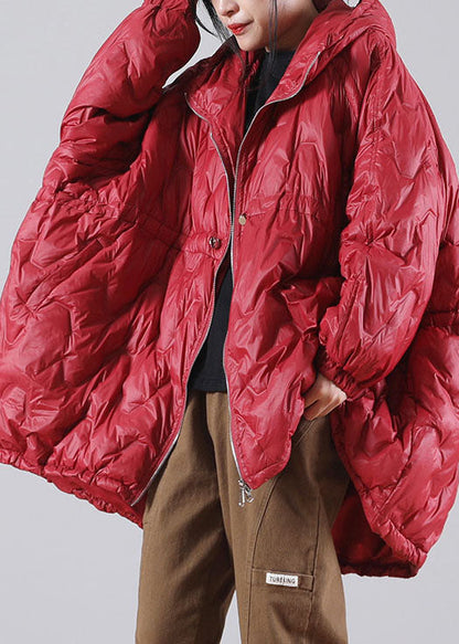 Loose Red Hooded Drawstring Duck Down Winter Down Coat