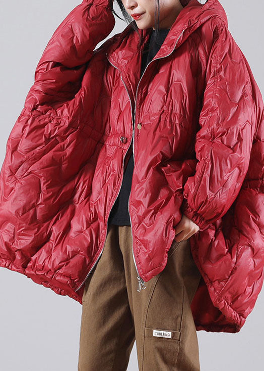 Loose Red Hooded Drawstring Duck Down Winter Down Coat