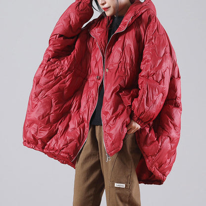 Loose Red Hooded Drawstring Duck Down Winter Down Coat