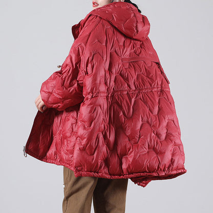 Loose Red Hooded Drawstring Duck Down Winter Down Coat