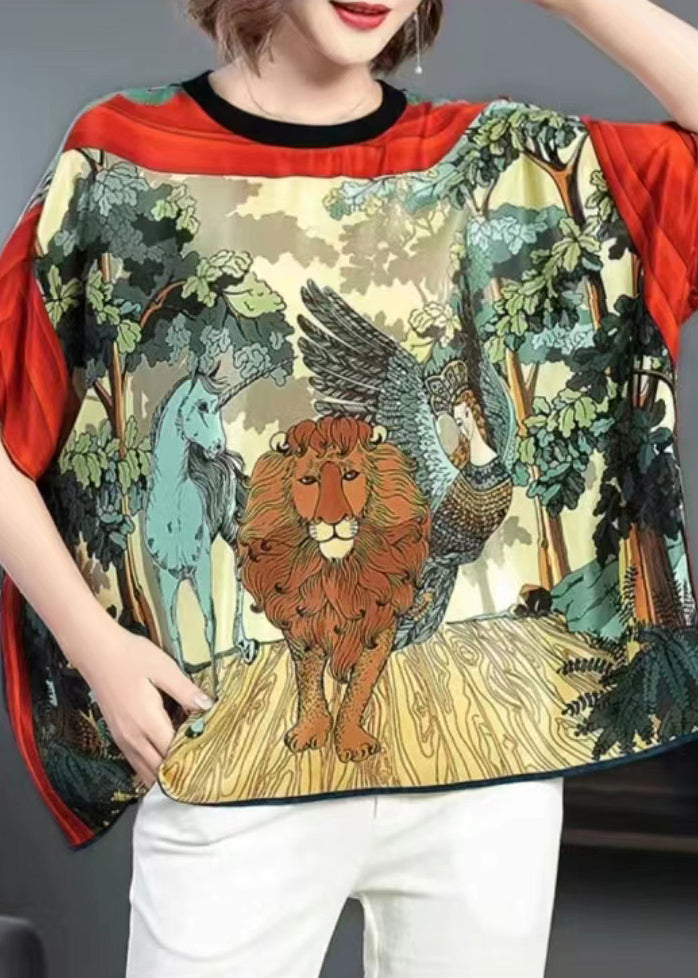Loose Red O-neck Animal Print Chiffon Tank Tops Batwing Sleeve