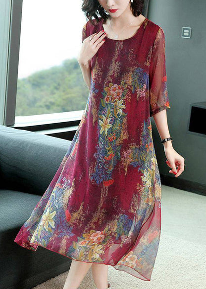 Loose Red O-neck Print Chiffon Holiday Maxi Dress Summer