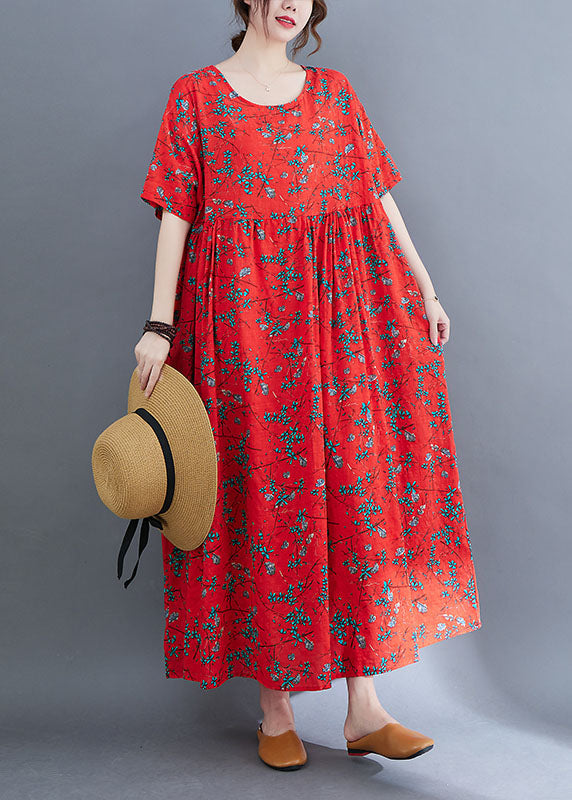 Loose Red O-neck Print Exra Large Hem Wrinkled Cotton Holiday Dress Short Sleeve