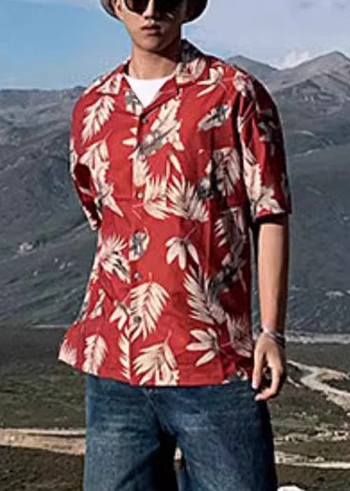 Loose Red Peter Pan Collar Button Print Cotton Shirt Summer