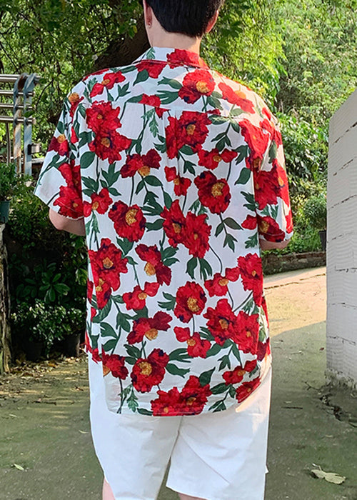 Loose Red Peter Pan Collar Print Cotton Shirts Summer