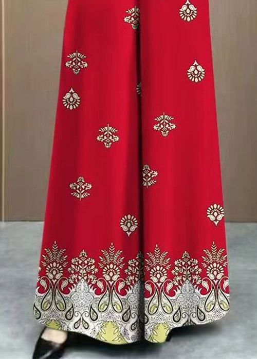 Loose Red Print Pockets Cotton Wide Leg Pants Summer