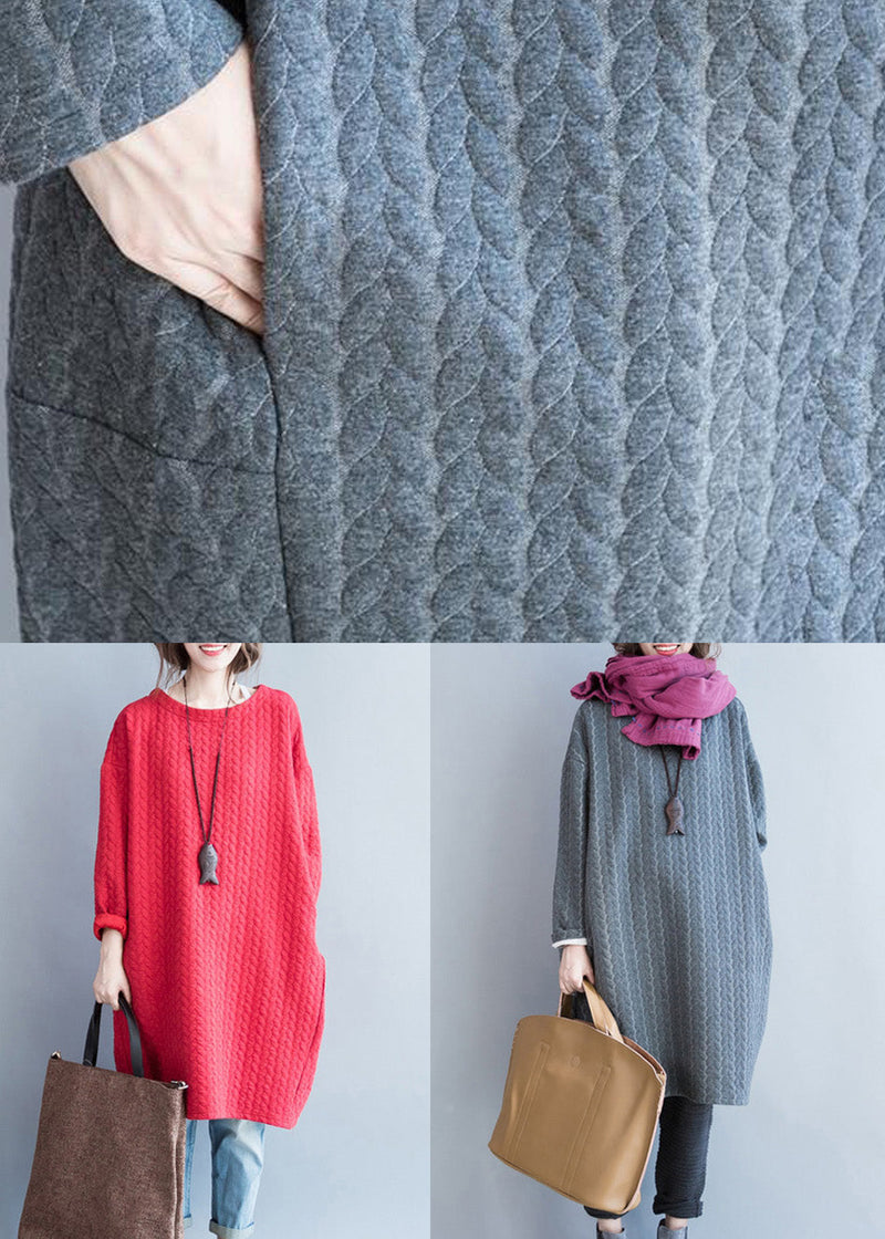 Loose Red Pockets Cotton Holiday Dress Spring