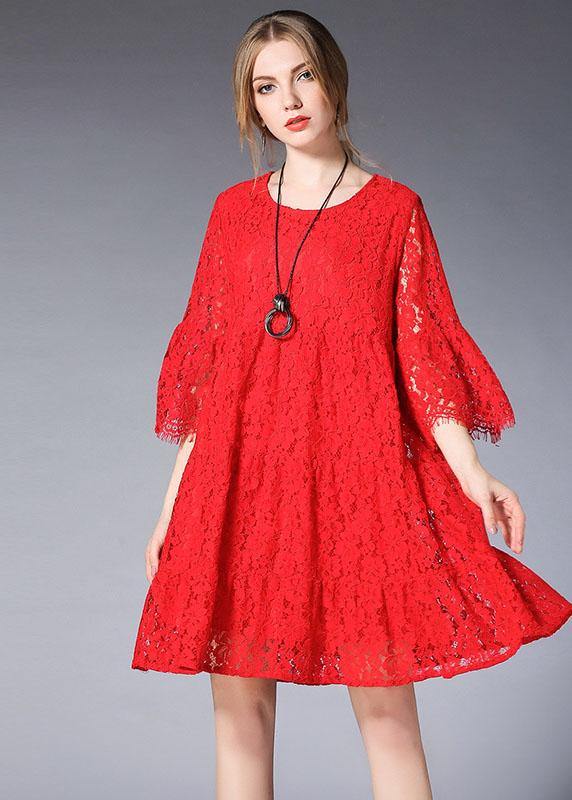 Loose Red Wrinkled Spring Half Sleeve Dresses