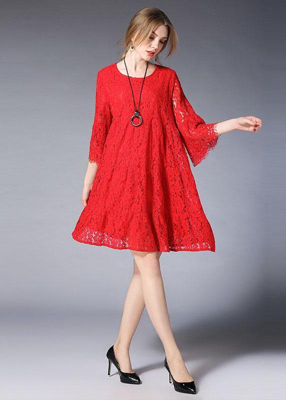 Loose Red Wrinkled Spring Half Sleeve Dresses