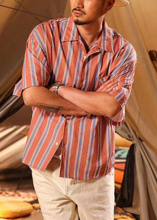 Loose Red Striped Button Pockets Cotton Polo Shirt Summer