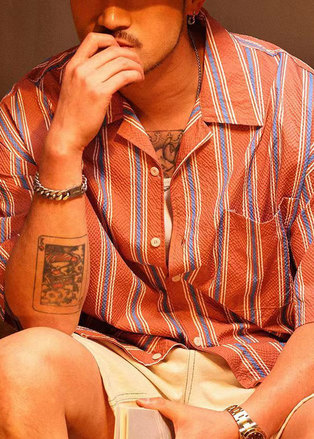Loose Red Striped Button Pockets Cotton Polo Shirt Summer