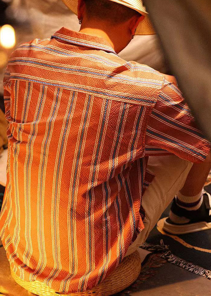 Loose Red Striped Button Pockets Cotton Polo Shirt Summer