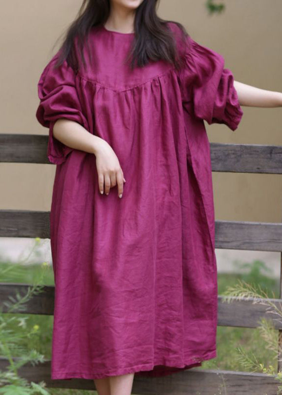 Loose Rose O Neck Button Cotton Long Dress Spring