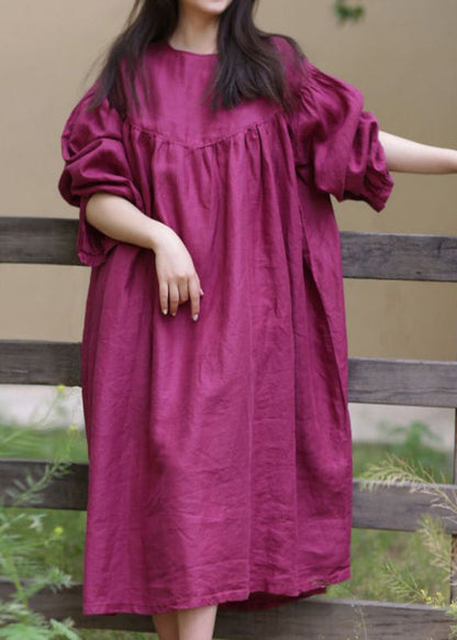Loose Rose O Neck Button Cotton Long Dress Spring
